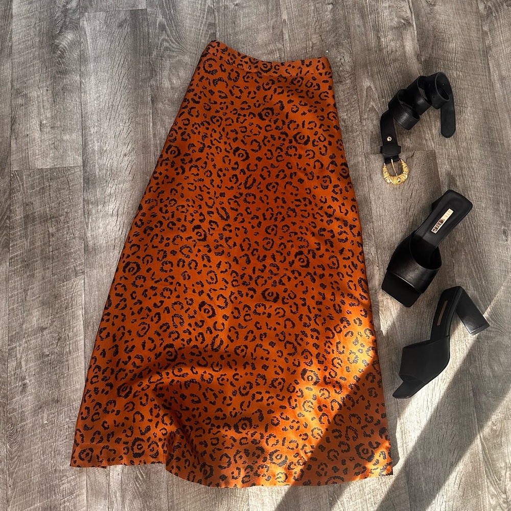 Farm Rio Anthropologie A-Line Satin Midi Skirt Leopard Print Size XS